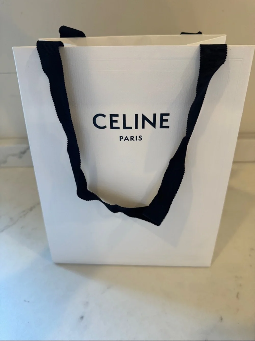 Celine White Shopping Bag with Black Ribbon Handles 10x8x5